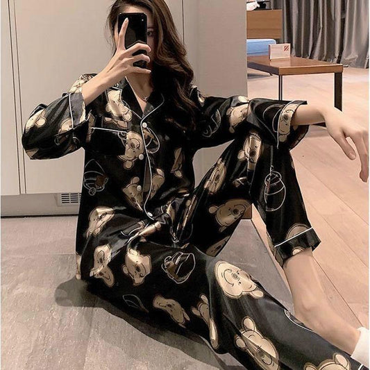 Spring and Autumn Ice Silk Long-sleeved Thin Women's Pajamas Sexy Korean Style Cute Spring and Summer Plus Size Two-piece Suit