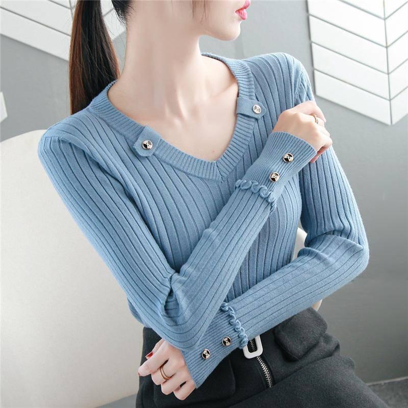 Women  Sweater Solid Slim V-Neck Warm Knitwear Winter Long Sleeve Turtleneck Top