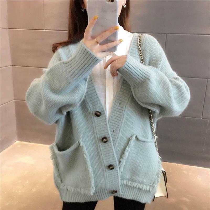 Women's Loose Knit Cardigan Spring and Autumn V-neck Blouse Wear All-match Tassel Sweater Coat