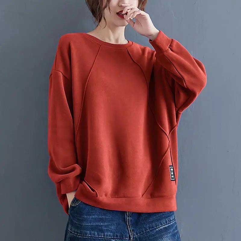 Large Size Long-sleeved Sweatshirts Women's Spring and Autumn Loose Solid Color Stitching Round Neck Pullover Top