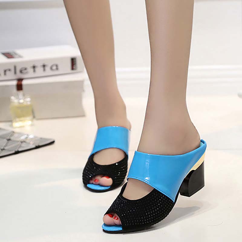 High Heel Slippers Women Summer Mid-heel Fish Mouth Slippers Thick Heel Sandals Patent Leather Rhinestone Women Sandals