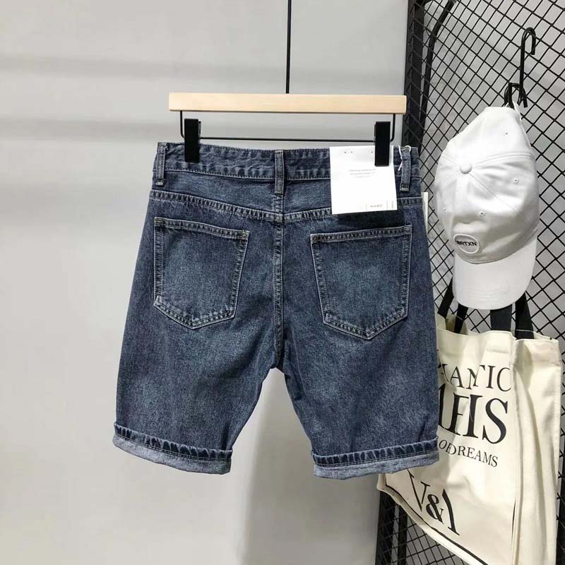 Summer Dark Blue Small Straight Denim Shorts Men's Slim Non-stretch Youth Five-point Pants