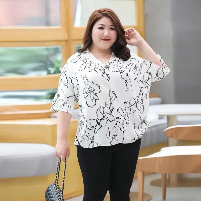 4XL-8XL Size Short-sleeved T-shirt Fat Woman Summer Dress Plus Fat Oversized Chiffon Printed Top Breathable and Loose