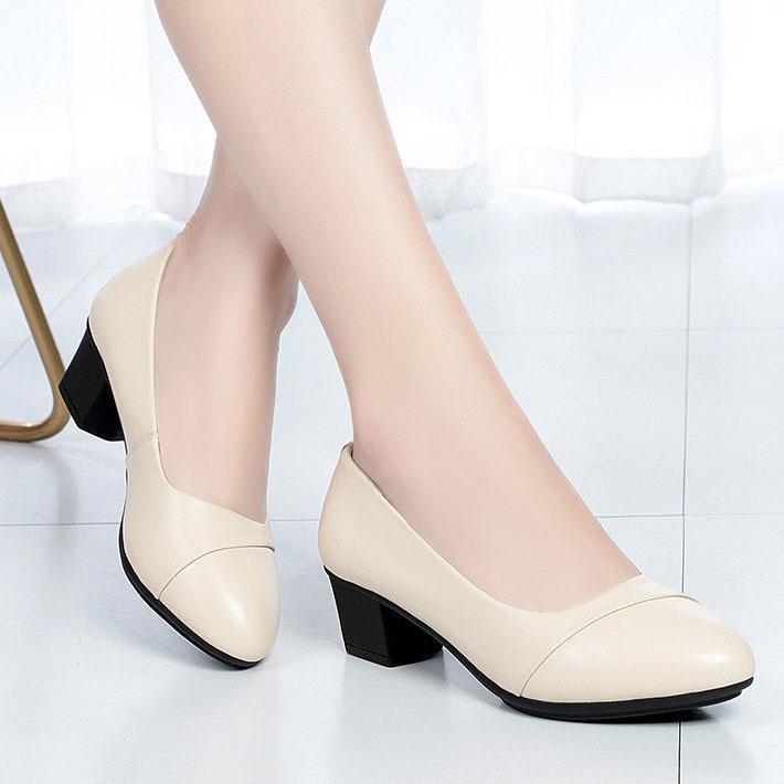 Women's Spring and Autumn Single Shoes Shallow Mouth Round Toe Soft Leather Shoes Soft Sole Low Heels All-match Work Shoes