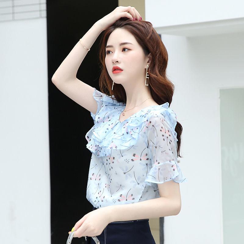 Double Floral Blouse Lotus Leaf Collar Belly-covering Chiffon Shirt Women's Short-sleeved Temperament Shirt Elegant and Sweet