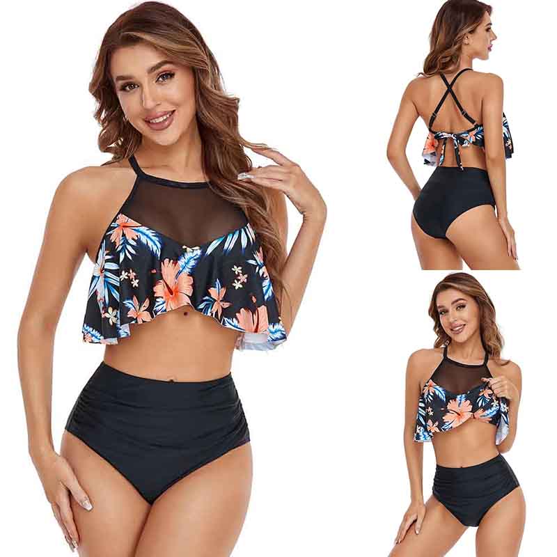 Split Swimsuit Women's Lotus Leaf Sleeve Mesh Bikini High Waist Plus Size Swimsuit Bikini