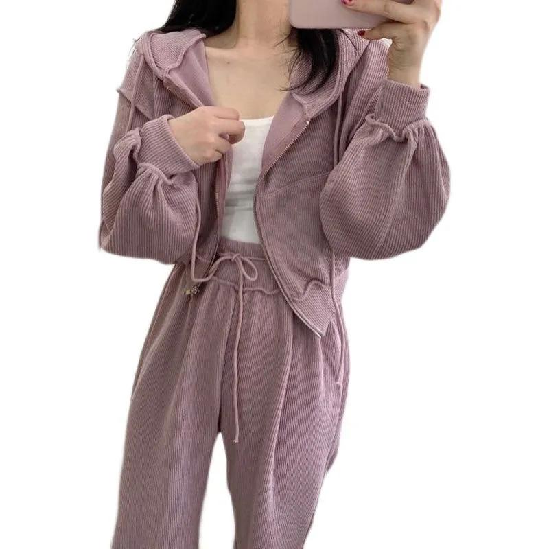 Autumn and Winter Age-reducing Women's Sports Suits Candy-colored Hooded Sweater Coats High-waisted Mopping Pants Casual Sports Suits Yoga Clothes