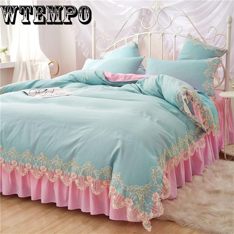 Bedding set bed skirt four sets of fashion lace quilt cover solid color princess wind skin cotton