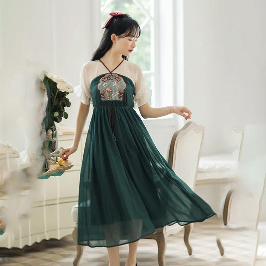 Summer Daily Improved Version of Hanfu Dress Female Embroidery Han Elements Literary Retro Mid-length Skirt Fairy