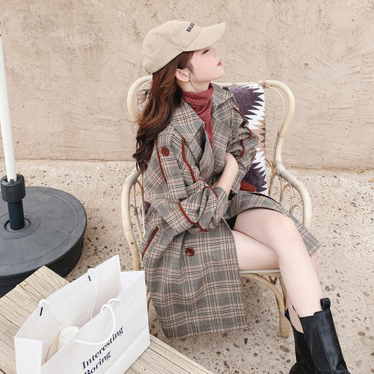 Women's Mid-length Retro Plaid Trench Coat Small Fashion Loose British Style Coat Jacket