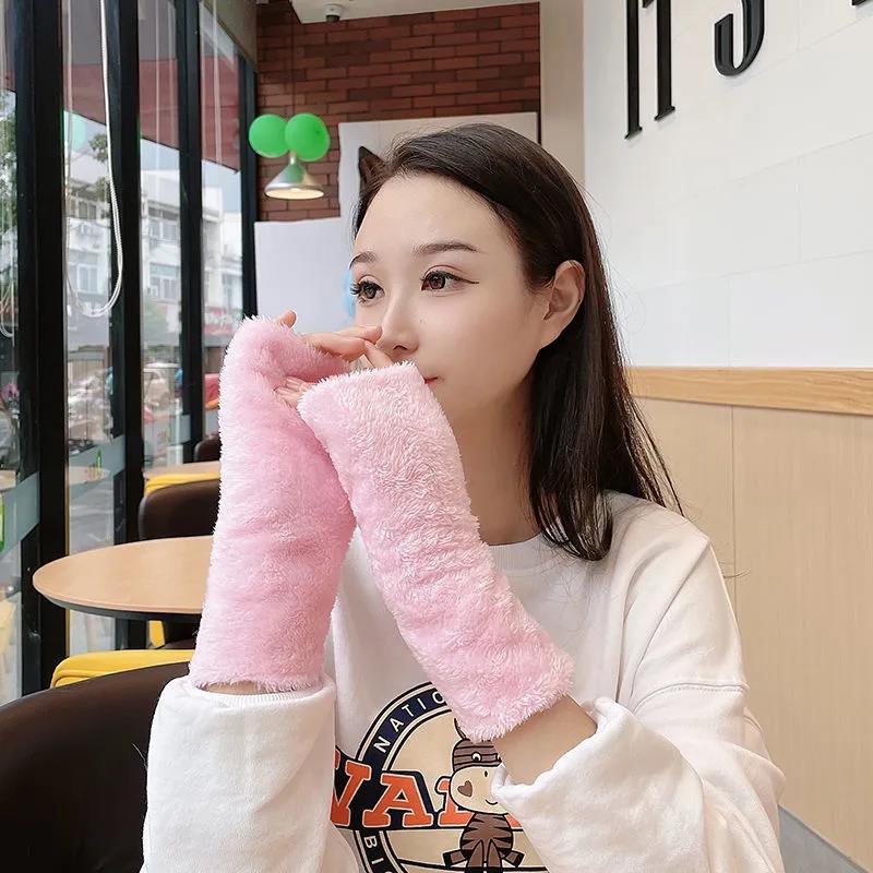 Women's Winter Plush Gloves Cute Fingerless Wristband Korean Thickening Warm Typing Arm Wrap Half Finger Mittens Hand Wrist Warm Thermal Gloves