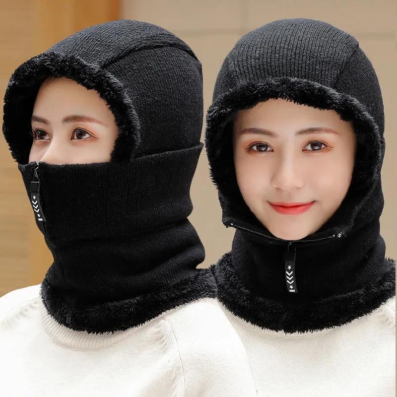 Mother Warm Winter Knit Beanie Fur Pom Hat Zipper Scarf Cap Woolen Hat Women Winter Thickened Riding Windproof Mask Bib Integrated Scarf Hats Set