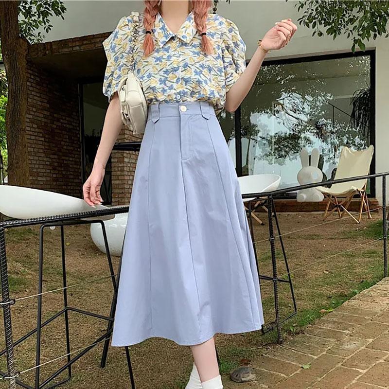 Women's Long Skirts Elastic High Waist Casual Skirt Girl's Spring Summer Solid Color A-line Skirts All-match Pleated Skirt