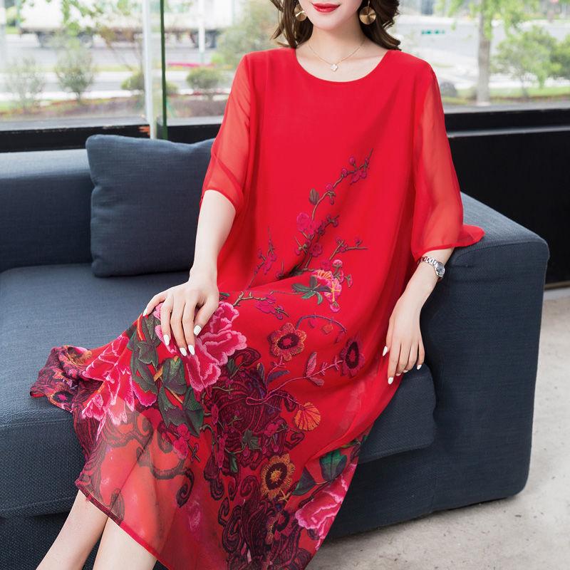 XL-XXXXXXL Women's Summer Dress Middle-aged Mother Chiffon Veil Short Sleeve Round Neck Large Size Over The Knee Daily Wear