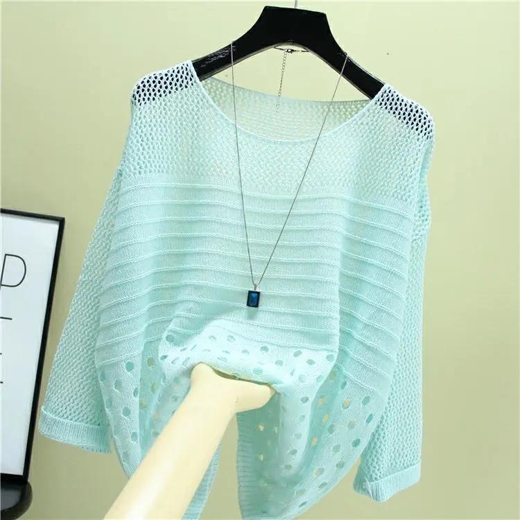 Summer Thin Bottoming Blouse Hollow Top Loose Pullover Knitted Sweater Women's Sunscreen Solid Color Breathable T-shirt