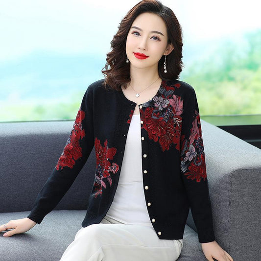 Autumn and Winter Printed Cardigan Women's Plus Size Casual Sweater Coat High-end Wool Sweater