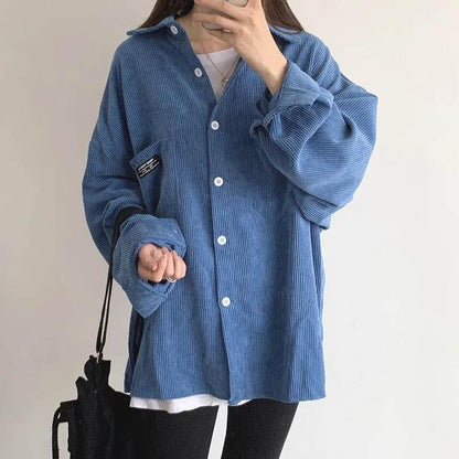 Autumn Korean Retro Corduroy Long-sleeved Loose Lazy Wind Mid-length Shirt Jacket Jacket Women