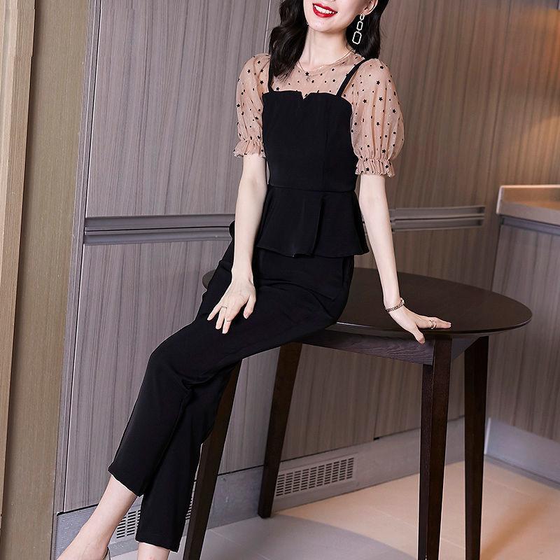 Suit Women Xia Xian Thin Chiffon Shirt Pants Short-sleeved Stitching Top Casual Temperament Two-piece Chiffon Fabric Light and Breathable