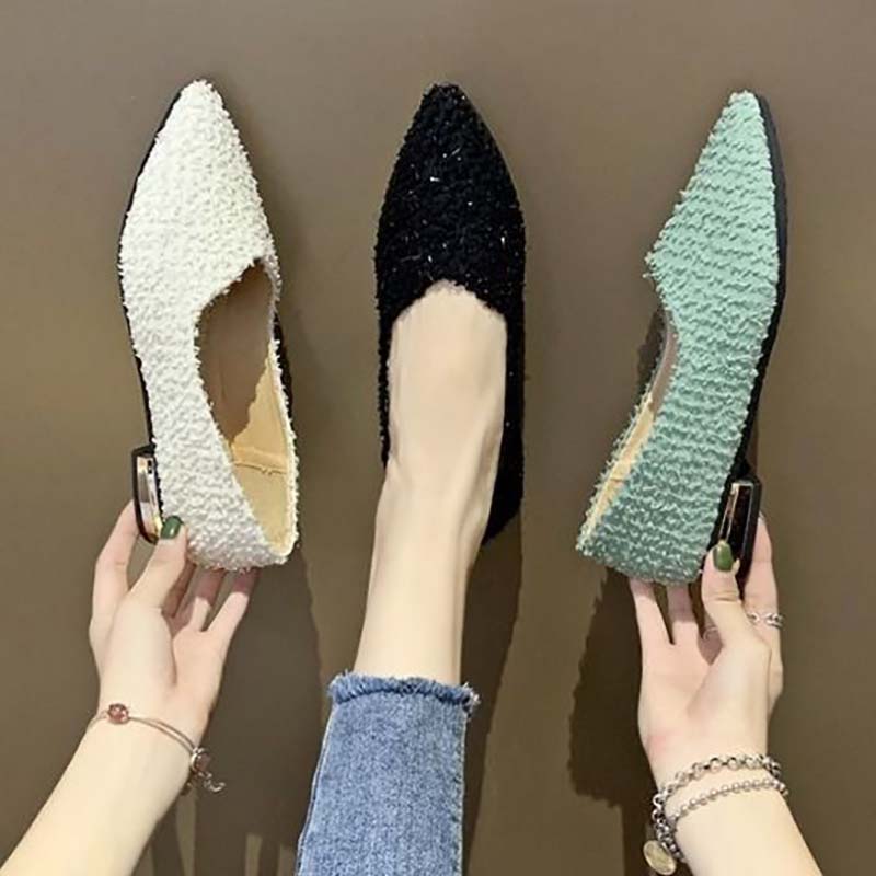 Low-heeled Shoes Spring Single Shoes Female Students Korean Version of All-match Pointed Toe Shallow Mouth Pedal Thick Heel Peas Shoes