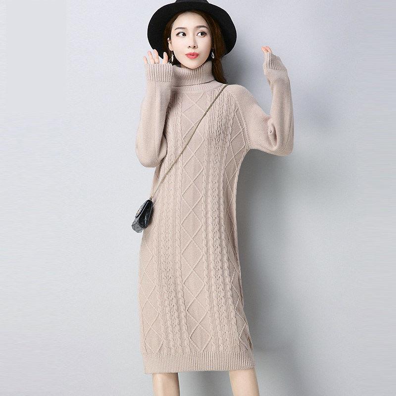 Autumn and Winter Thick Mid-length Sweater Dress Slim High Neck Knitted Bottoming Shirt Fashion Solid Color Women Sweater Dress