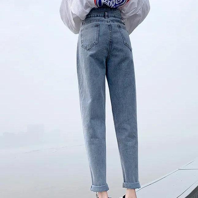 Women's Loose Large Size Streetwear Haren Pants Solid Color Jeans High Waist Slim Versatile Long Straight Pants