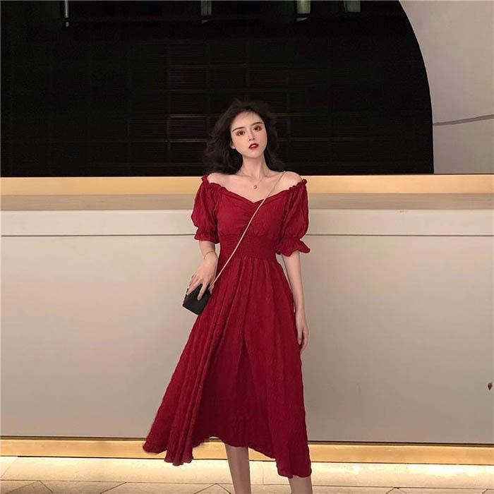 Pofulove Women Vintage Chiffon Puff Sleeve Off Shoulder Dress Sexy V-neck Short Sleeve Long Dresses