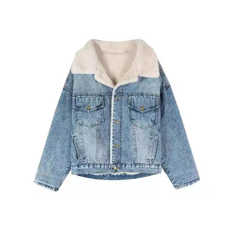 Autumn and Winter Plus Velvet Lapel Denim Jacket Women Loose Bf Wind Cotton Jacket Warm Denim Jacket Casual Jacket