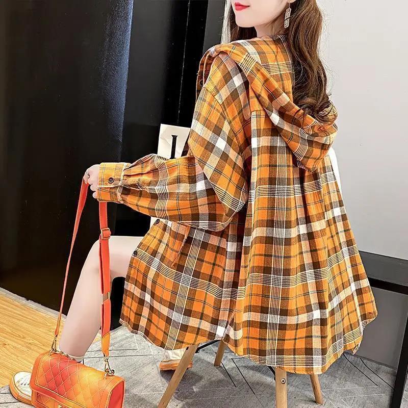 Women Plaid Shirt Retro Contrast Color Cotton Coat Casual Hooded Button Shirt for Youth