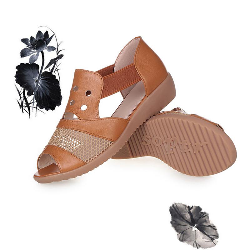 Summer Hollow Female Sandals Low Heel Flat Fish Mouth Mother Casual Leather Shoes Middle-aged and Elderly Set Foot Women's Shoes