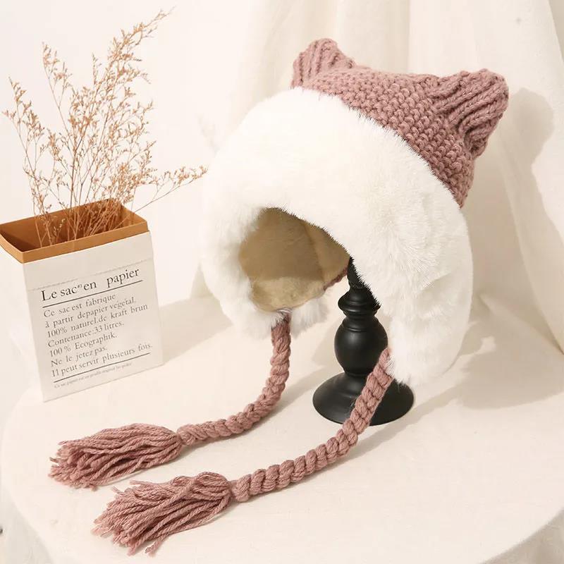 Winter Plush Knitted Hat Women's Cute Ear Thickened Woolen Hat Oversized Woolen Hat