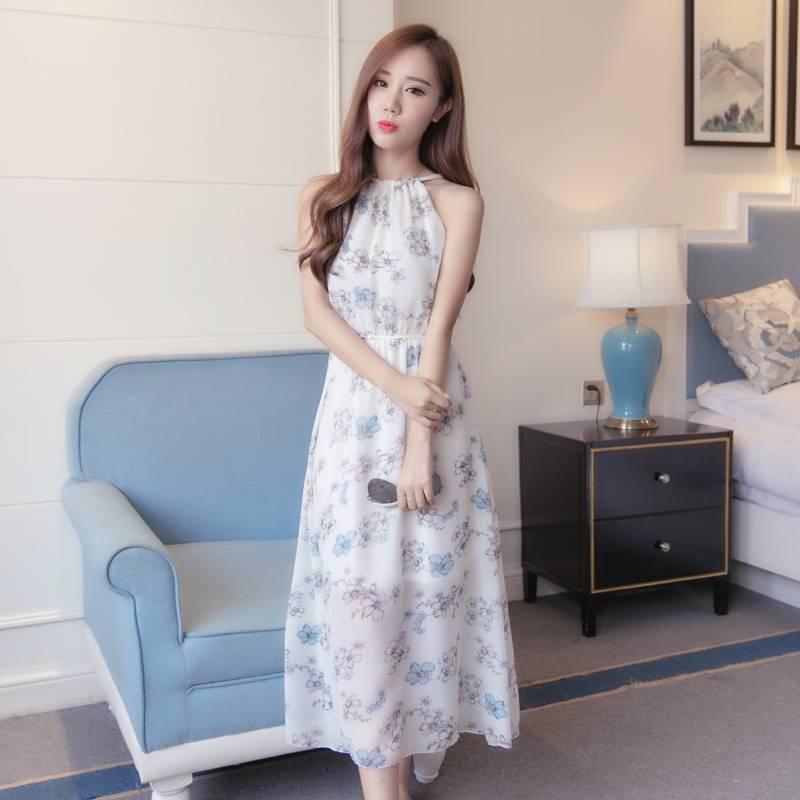 Summer Sweet Halter Strapless Chiffon Floral Dress Sleeveless Beach Long Party Dress