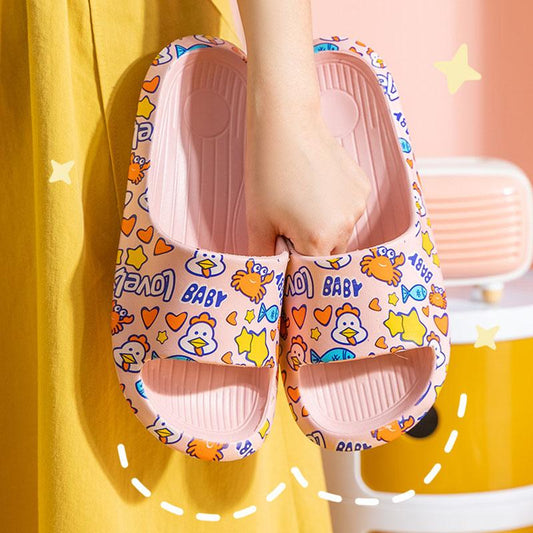 Cute Cartoon Slippers Women 3cm Sole Soft and Comfortable Outdoor Beach Slippers Bathroom Non-slip Slippers Chick Print Slippers