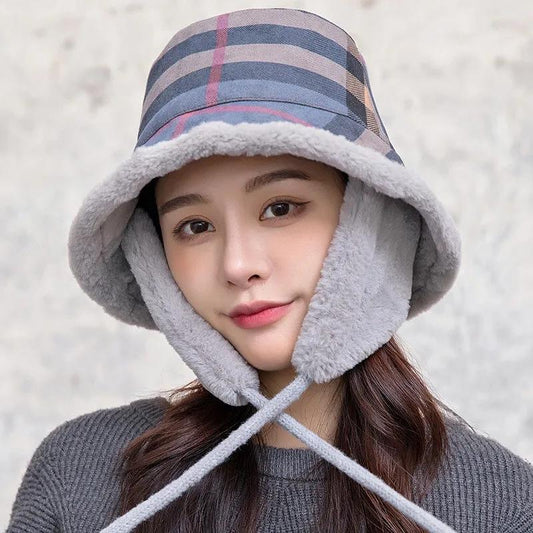 Women's Autumn Winter Dual-purpose Fisherman Hat Warm Ear Protection Removable Large-brimmed Hat Detachable Ear Protection Strap Plaid Fisherman Cap