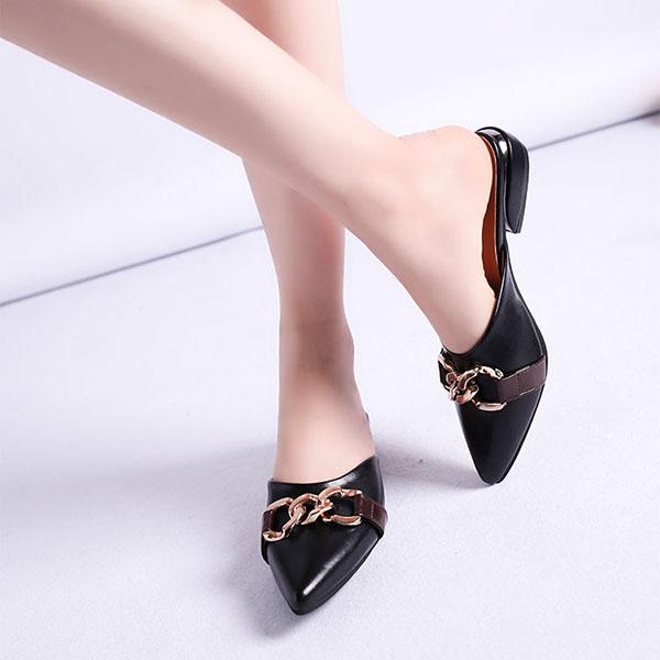 Plus Size Women Slippers Outdoor High Heels Non-slip Office Lady Pointed Toe Leather Sandals