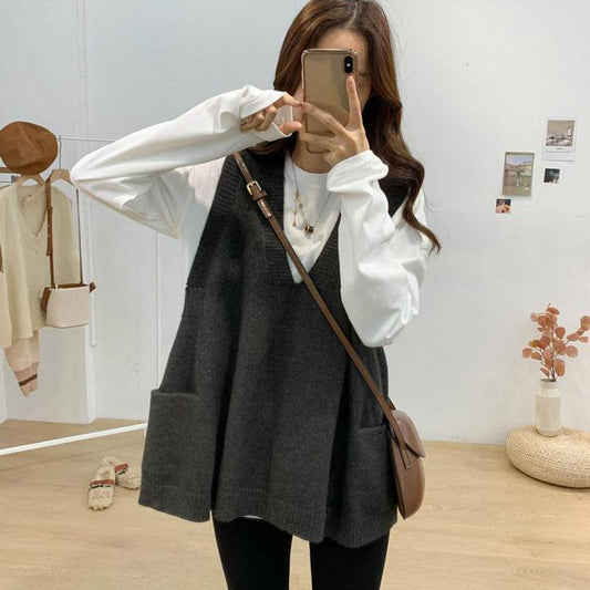 Autumn and Winter Loose All-match Sweater Large Size V-neck Knitted Vest Sleeveless Solid Color Female Top