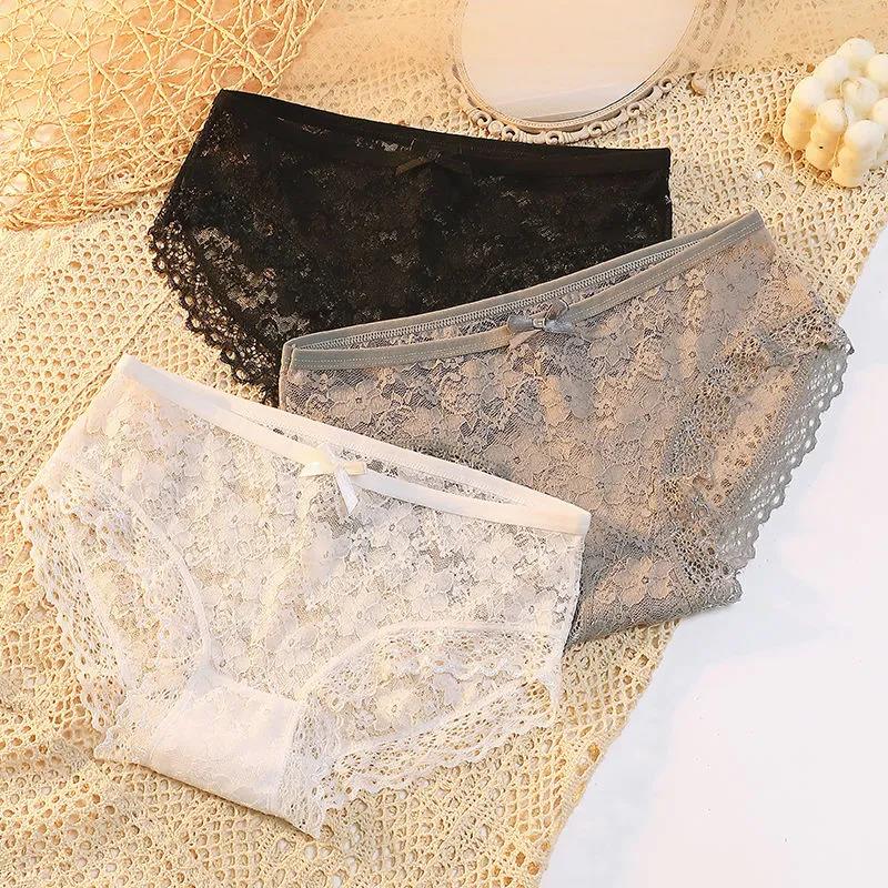 3Pcs/Set Women's Spring Summer Large Size Causal Soft Briefs Low Waist Solid Color Seamless Lace Cotton Panties