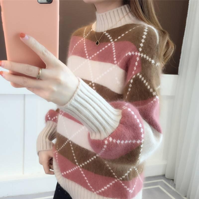 Women Sweater Round Collar Colorblock Long Sleeve Knit Top Multicolor with Splicing Thin Sweaters