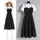 Women Vintage High Waist Round Neck Holiday Splicing Dress Elegant Slim Large Size Pleated Short Sleeve Casual Dress