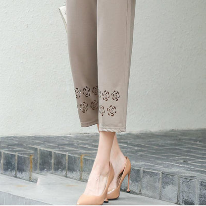 Summer Thin Stretch Mother Cropped Pants Elastic High Waist Loose Middle-aged and Elderly Women's Grandma Pants Hollow Casual Pants