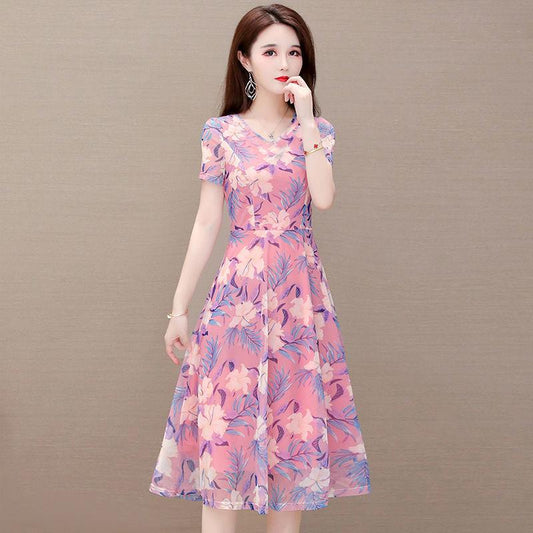 Women Summer Dress Vintage High Waist Short Sleeve Holiday Dress Elegant Slim Floral Printed Pleated Casual Dress