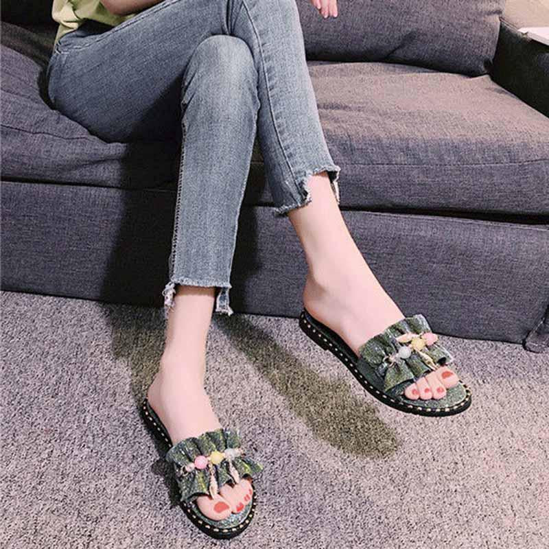 Plus Size 35-40 Summer Women Outdoor Leather Flat Bohemian Beach Wear-resistant Non-slip Office Lady Bead Sandals