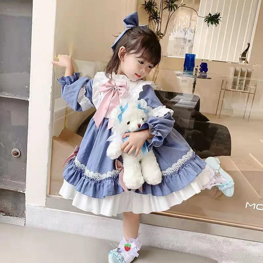 Girls Dress Lolita Children's Princess Dress Sky Blue Stitching Cute Little Girl Sweet Tutu Skirt Vintage Lace Dress