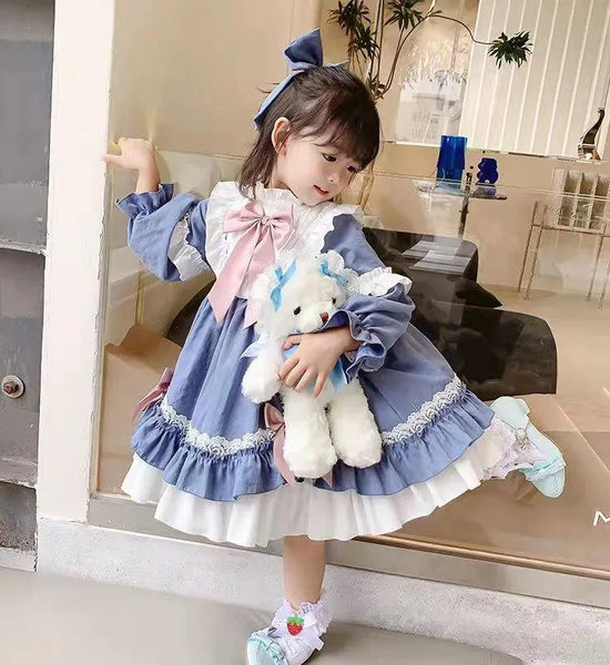 Girls Dress Lolita Children's Princess Dress Sky Blue Stitching Cute Little Girl Sweet Tutu Skirt Vintage Lace Dress