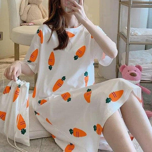 Women's Spring Summer Cartoon Printed Short Sleeve Cotton Pajamas Ladies Large Size Casual Crew Neck Nightdress