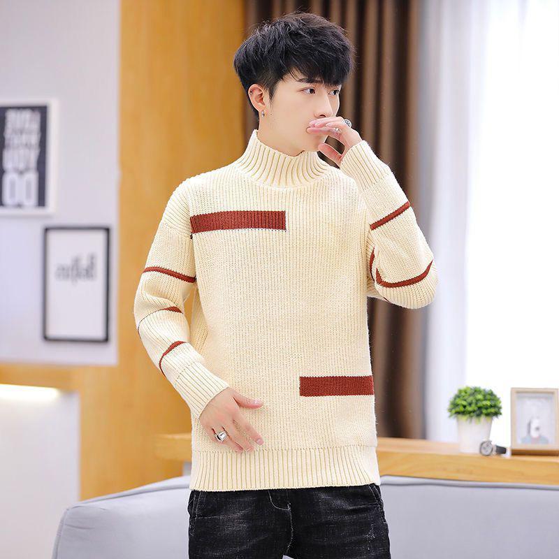 Spring and Autumn Striped Casual Round Neck Sweater Personalized Half High Neck Splicing Color Sweater