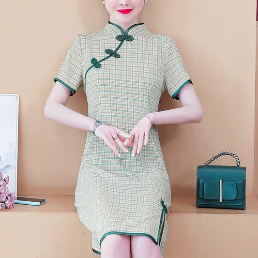 Improved Cheongsam Skirt Dress Large Size Fat Mm Retro Slim Mid-length Plaid Skirt