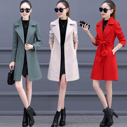 2019 Winter Women's Woolen Coat Female Slim Long Coat Autumn and Winter Thickening Woolen Coat