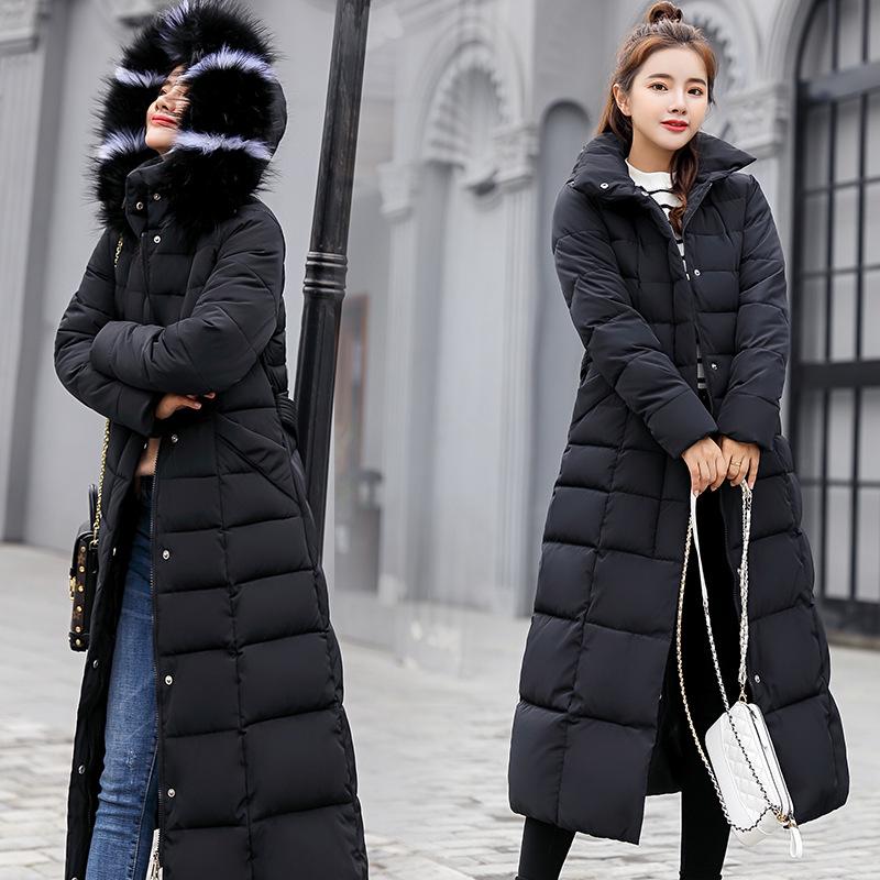 Women's Long Down Coats Winter Coat Plus Size Maxi Down Jackets with Fur Hood Parka Outwear Women Warm Slim Thicken Clothes Zipper Button Black White