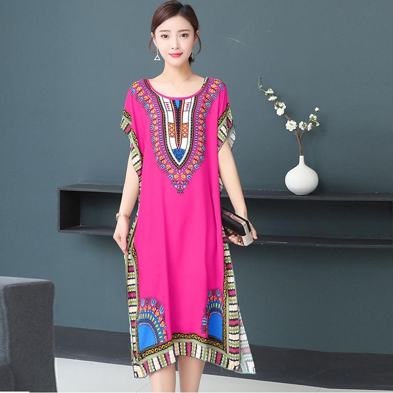 Women Summer Vintage High Waist Short Sleeve Mid-length Dress Elegant Loose Round Collar Print Casual Dress