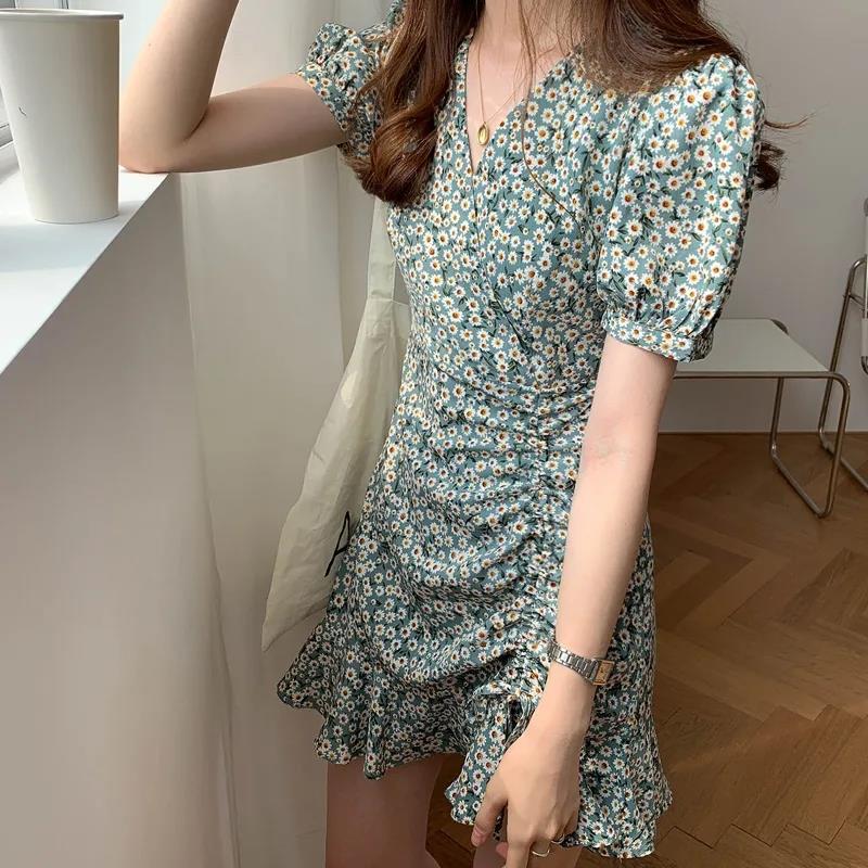 Female Vintage High Waist Super Fairy Holiday Dress Elegant Slim Floral Print Pleated Party Dress